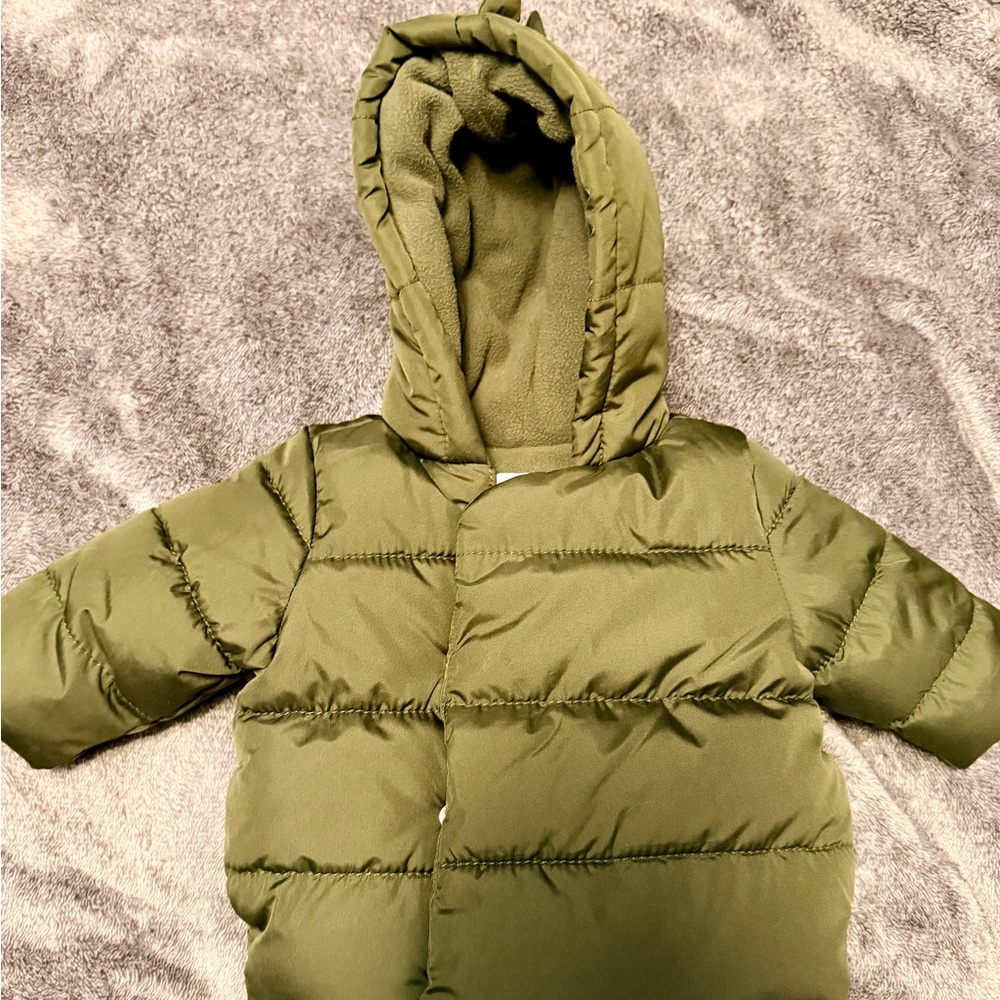 Old Navy Olive Green Puffer Jacket with Dino hood size 0-3mo